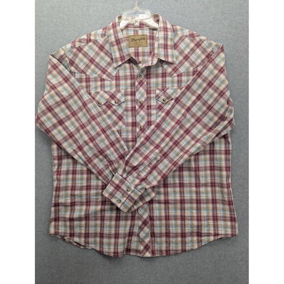 Wrangler Shirt Mens 2XL Red Blue Plaid Retro Western Pearl Snap Cotton Cowboy - Picture 1 of 11